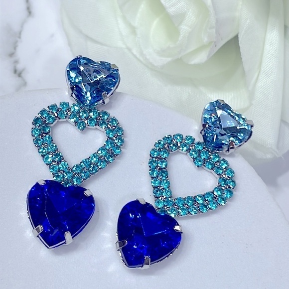 Romantic Blue Crystal Three Heart Drop Earrings - Picture 11 of 17